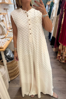 White Half Buttons Sleeveless Wide Leg Textured Jumpsuit LC6414744-P101
