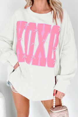 White Bow Sequin XOXO Letter Graphic Exposed Seam Baggy Sweatshirt LC25319932-P1