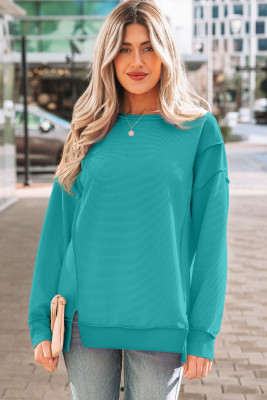 Sea Green Horizontal Ribbed Exposed Seam Detail Drop Shoulder Baggy Pullover LC25134965-P409