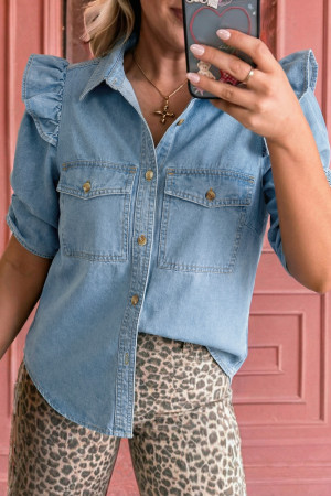 Myosotis Ruffle Detail Short Puff Sleeve Button Down Flap Pocket Denim Shirt LC7821586-P1204