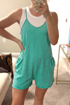 Mint Green Mineral Wash Spaghetti Straps Pocketed Romper LC6414704-P1009