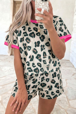 Brown Unique Leopard Print Contrast Trim Top Loose 2pcs Short Set LC629018-P1720