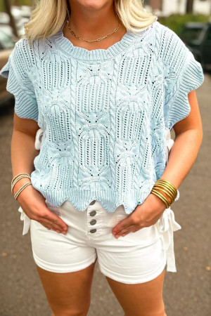 Beau Blue Pointelle Knit Patterned Scalloped Trim Short Sleeve Sweater LC2771338-P804