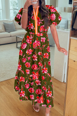 Green Floral Print Striped Trim Split Neck Short Puff Sleeve Ruffle Hem Maxi Dress LC6127728-P920