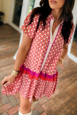 Orange Geometric Floral Print Color Block Trim Button Front Ruffle Hem Dress LC6127372-P1420
