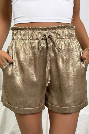 Gold Metallic Luster Tie Elastic Waist Cuffed Hem Shorts LC7311386-P12