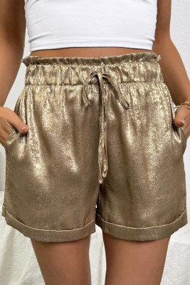 Gold Metallic Luster Tie Elastic Waist Cuffed Hem Shorts LC7311386-P12