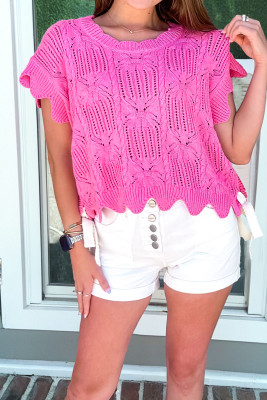 Bonbon Pointelle Knit Patterned Scalloped Trim Short Sleeve Sweater LC2771338-P3010