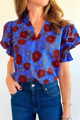 Blue Ruffled Short Balloon Sleeve Frilled V Neck Floral Blouse LC25136216-P520