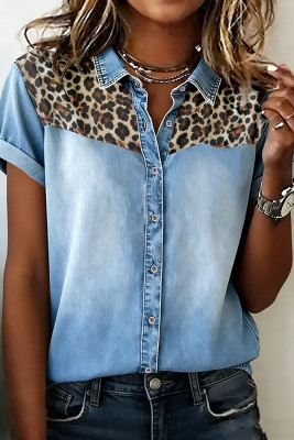Myosotis Denim Button Down Leopard Patchwork Detail Short Sleeve Shirt LC7821638-P1204
