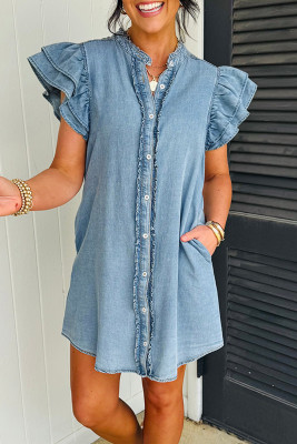Myosotis Frilled Detail Button Down Ruffle Short Sleeve Denim Mini Dress LC7861196-P1204