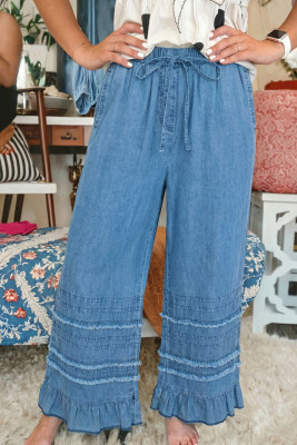 Dusk Blue Ruffled Hem Wide Leg Chambray Pants LC7876454-P704