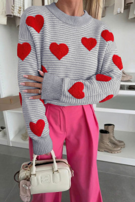 Gray Stripe Contrast Heart Pattern Valentine Knit Sweater LC2727133-P1119