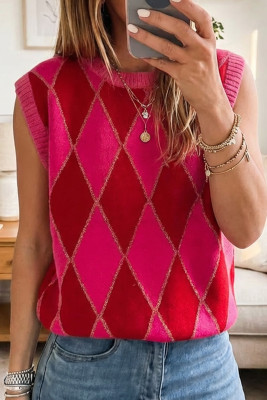Rose Glitter Trim Rhombus Pattern Knit Sweater Vest LC2761089-P620