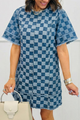 Sky Blue Frayed Hem Checkered Denim Mini Dress LC7861177-P420
