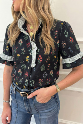 Black Contrast Frilled Trim Short Sleeve Floral Shirt LC2557477-P220