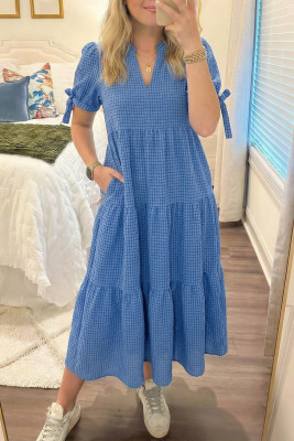 Dusk Blue Gingham Textured Bow Tie Short Sleeve Tiered Midi Dress LC6127868-P704