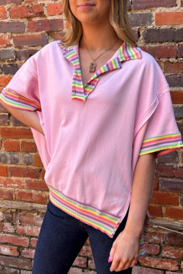 Pink Rainbow Stripe Ribbed Patchwork Raw Seam Oversize Polo Tee LC25230825-P10
