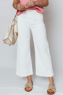 White Pearl Embellished Side Seam Ankle-length Shift Jeans LC7876621-P1