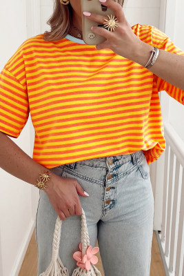 Orange Stripe Contrast Crew Neck Drop Shoulder Loose Tee LC25230302-P1419