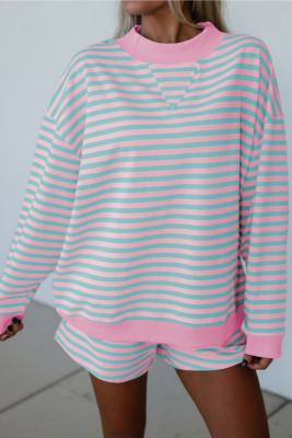 Pink Stripe Color Block Detail Long Sleeve Pullover Elastic Waist Pull On Shorts 2pcs Set LC628749-P1019