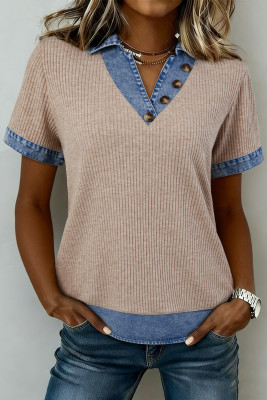 Beige Ribbed Knit Denim Color Block Patchwork Button Detail Collared Blouse LC25136448-P15