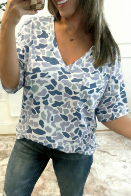 Gray Camouflage Print Single Chest Pocket V Neck Tee LC25230731-P1120