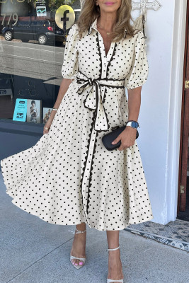 White Polka Dot Printed Contrast Scalloped Trim Shirt Collar Button Down Belted Midi Dress LC6127874-P120