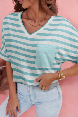 Sky Blue Stripe V Neck Patched Pocket Casual T Shirt LC25230418-P419
