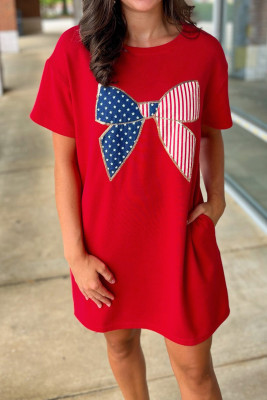 Fiery Red Sequin Trim Stars and Stripes Bow Patched T Shirt Mini Dress LC6128042-P3