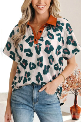 Casual Unique Leopard Print Button Contrast Collared Short Sleeve Blouse LC25136360-P1720
