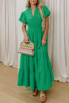 Bright Green Solid Color V Neck Short Puff Sleeve High Waist Tiered Maxi Dress DLM61282445-P109
