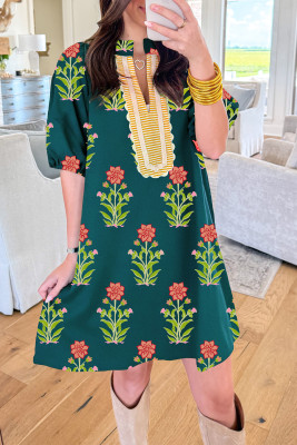 Green Floral Print Contrast Trim Striped Patchwork Short Sleeve Dress LC6127830-P920