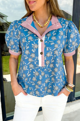Blue Retro Floral Print Striped Trim Button Neck Short Sleeve Blouse LC25136531-P520