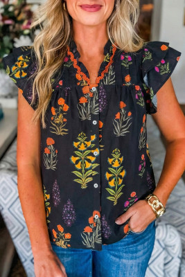 Black Floral Print Lace Trim Frilled V Neck Short Sleeve Shirt LC2557092-P220