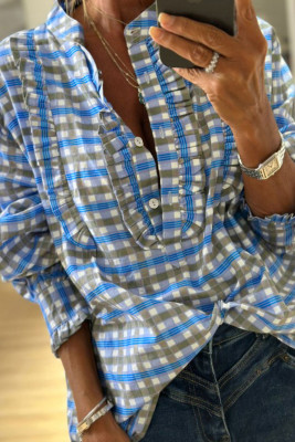 Sky Blue Plaid Long Sleeve Frilled Detail Half Button Blouse LC25135034-P304