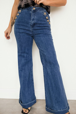 Ashleigh Blue Golden Button Detail Rolled Edge Flare Leg Jeans LC7876575-P604