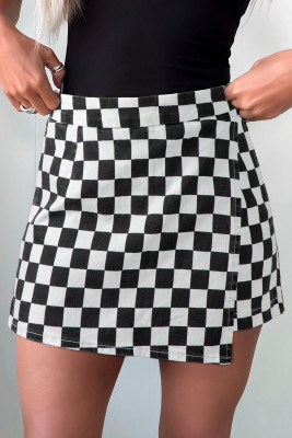 Black Checkered Print Overlap Denim Shorts LC7832192-P220