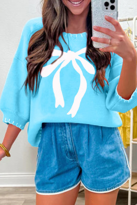 Light Blue Big Ribbon Bow Print Contrast Stitch Trim Drop Shoulder Sweater LC2728024-P4
