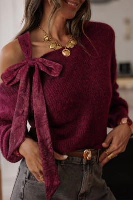 Burgundy Lace Bowknot Asymmetric Neck Sweater LC2728028-P503