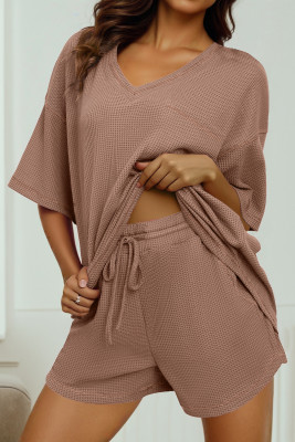 Chestnut Solid Color Waffled V Neck Loose Tee Drawstring Shorts Set LC626808-P2017
