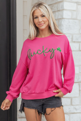 Rose Red Lucky Clover Embroidered Loose Pullover Sweatshirt LC25321058-P6