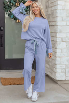Beau Blue Flounce Long Sleeve Top Drawstring Pants Contrast Velvet Bow Knot 2pcs Lounge Set LC151738-P804