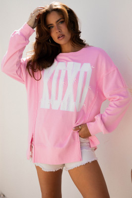 Pink Bow Sequin XOXO Letter Graphic Exposed Seam Baggy Sweatshirt LC25319932-P10
