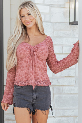 Peach Blossom Drawstring Knot Detail Floral Lace Blouse LC25135664-P4010
