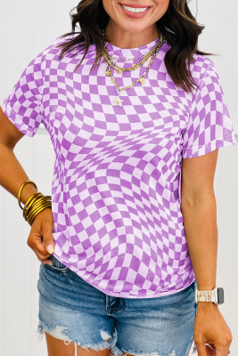 Purple Checkered Print Mock Neck Mesh T Shirt LC25230621-P820