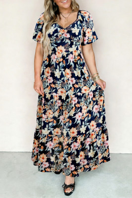 Blue Short Sleeve Smocked Detail High Waist Floral Maxi Dress LC6127977-P520