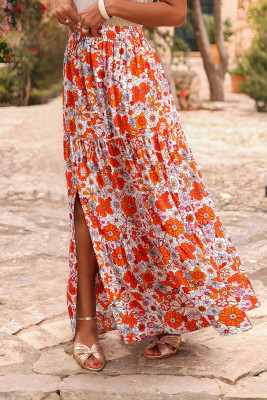 Orange Bohemian Floral Print Tiered Maxi Skirt with Split LC721864-P1420