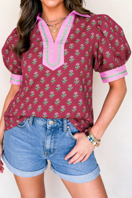 Red Contrast Collared V Neck Ricrac Trim Short Puff Sleeve Flower Blouse LC25136546-P10320