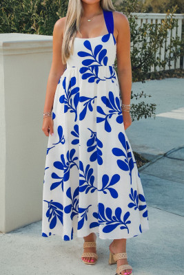 Blue Floral Print Crisscross Tie Back Sleeveless Long Dress LC6128059-P520